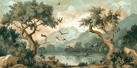 Illustration of a fantasy landscape with a river and a flock of birdsの素材