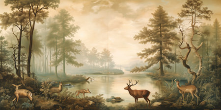 Digital painting of a forest landscape with deer in the middle of the lakeの素材