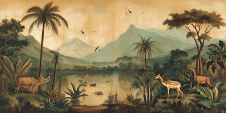 Digital painting of wild animals in tropical forest with mountains on the backgroundの素材