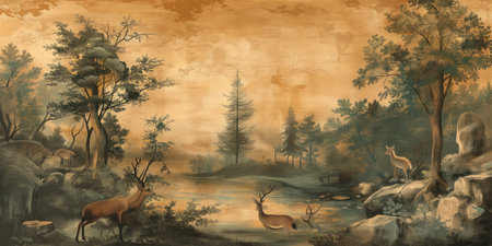 Digital painting of a forest with deer and gazelle in autumnの素材