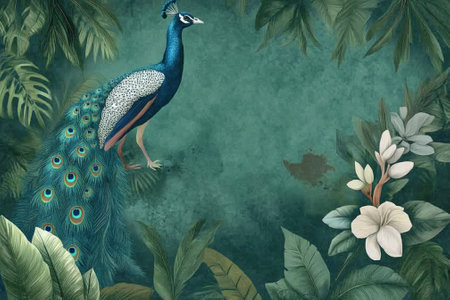 Illustration of a peacock in the jungle with leaves and flowersの素材