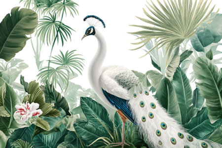 Peacock in the jungle. 3d rendering, illustration.の素材
