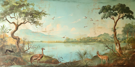 Vintage landscape with lake and birds. Watercolor painting on canvas.の素材