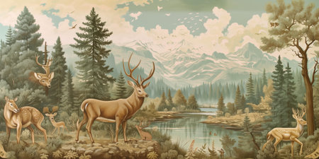 cartoon scene with forest animals and lake - illustration for the childrenの素材