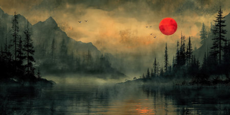 Sunset on the lake. Mountain landscape with a red sun.の素材