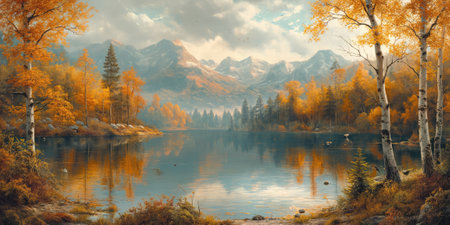 Autumn alpine lake landscape with golden birch and pine treesの素材