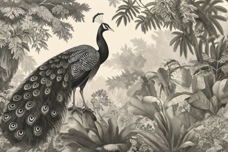 Peacock on the background of exotic plants. Illustration in black and white.の素材