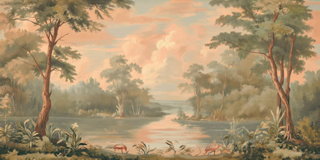 Digital painting of a lake landscape with flamingos in the foreground.の素材