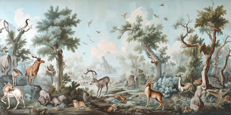 Mural with wild animals in the forest. Nature landscape background.の素材