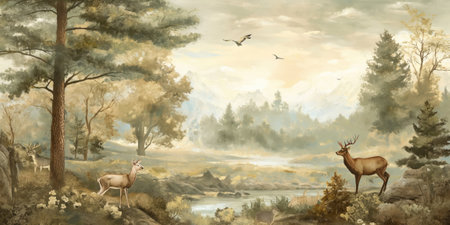 Digital painting of a couple of deers in the forest by a riverの素材