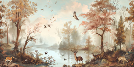 Digital painting of wild animals in autumn forest with lake and birds.の素材