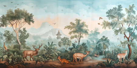 Illustration of a wild animal in the jungle with mountains in the backgroundの素材