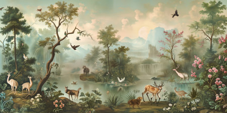 Fantasy landscape with wild animals in the jungle - illustration for childrenの素材