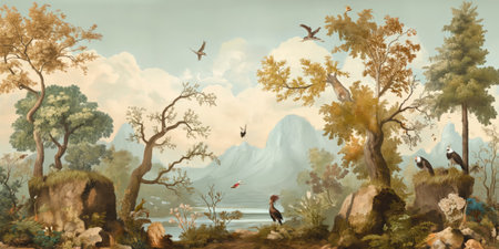 Digital painting of a landscape with mountains and birds in the background.の素材