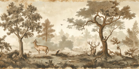 Vintage background with a deer in the forest. Hand-drawn illustration.の素材