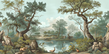 cartoon scene with forest and river with ducks - illustration for childrenの素材
