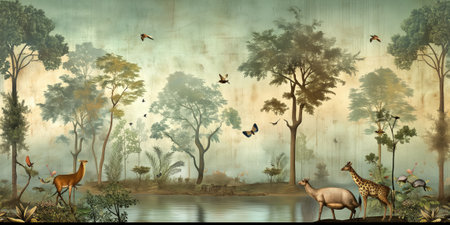 Giraffe and deer in the jungle with trees and birds.の素材
