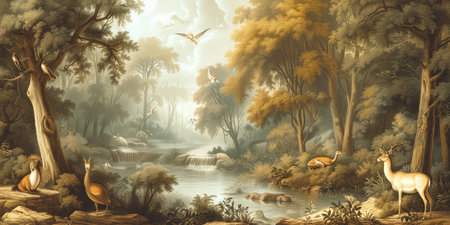 Fantasy landscape with wild animals in the forest - illustration for childrenの素材