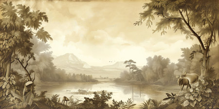 Digital painting of a pond in the jungle with a mountain in the backgroundの素材