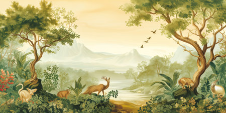 Cartoon landscape with wild animals in the forest - illustration for childrenの素材