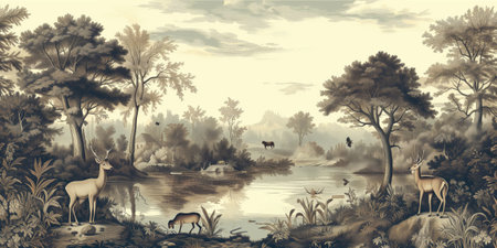 African savannah landscape with wild animals, trees and river. Digital painting.の素材