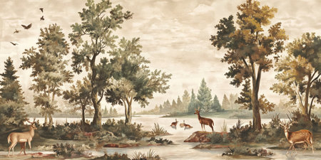 Watercolor painting of a forest with deer and deers on the lakeの素材