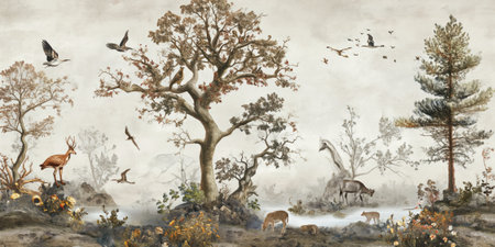 Fantasy landscape with trees, deer, birds and lake. Digital painting.の素材