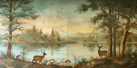 Digital painting of a group of deers in a forest by a lakeの素材