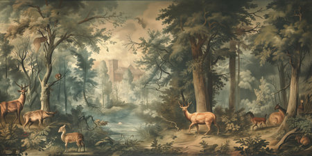 Digital painting of a forest with deer in the foreground and other animals in the backgroundの素材