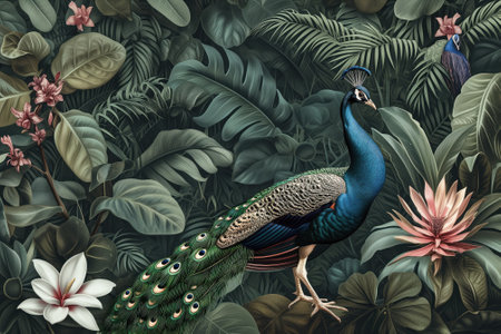 Peacock in tropical jungle with flowers and leaves. 3d illustrationの素材