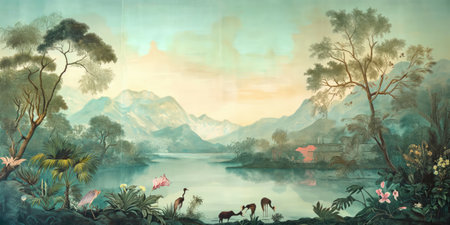 Digital painting of a lake in the jungle with a flock of wild animalsの素材