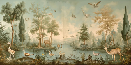 Illustration of a fantasy landscape with trees, birds and animals.の素材