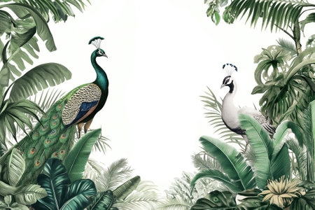Peacock and peacock in tropical jungle background. Watercolor illustrationの素材