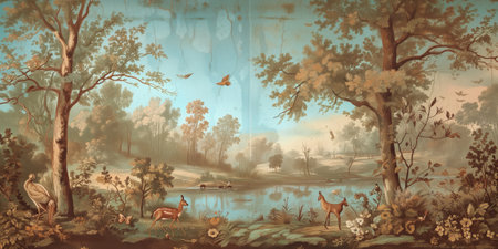 Digital painting of a forest landscape with deer and geese in the foregroundの素材