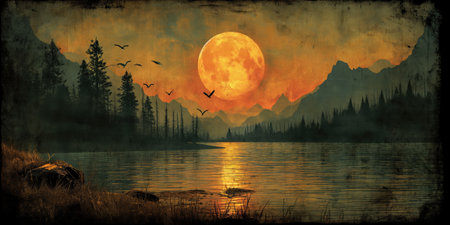 Fantasy landscape with lake and mountains on the background of the moonの素材