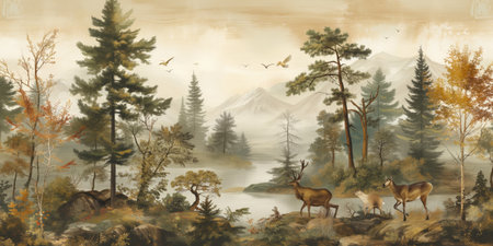 Digital painting of a herd of deer in the forest with mountains in the backgroundの素材