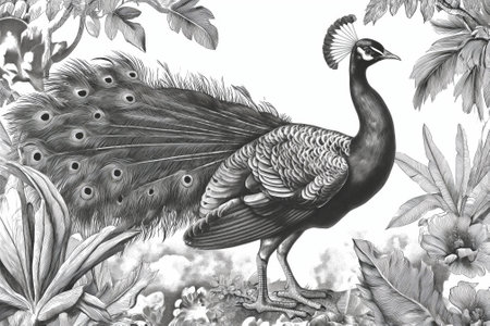 Peacock black and white engraving illustration. Hand drawn sketch.の素材