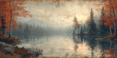 Autumn Landscape. Lake in the mountains. Digital painting.の素材