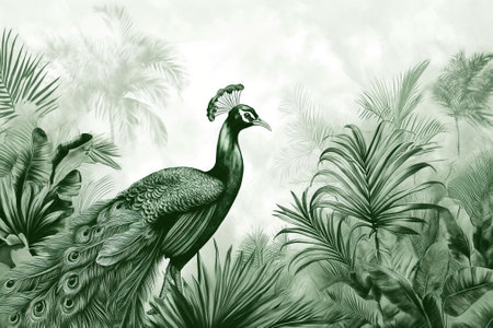 Peacock in the jungle with palm leaves. Digital painting.の素材