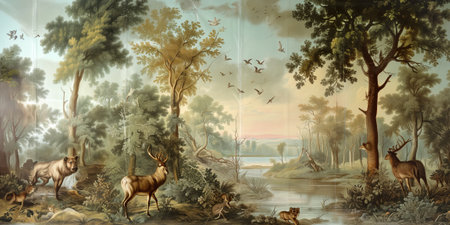 Digital painting of a forest landscape with a herd of deer in the foregroundの素材