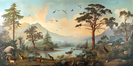 Fantasy landscape with wild animals in the forest - illustration for childrenの素材