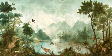 Panoramic view of the jungle with a deer in the foregroundの素材