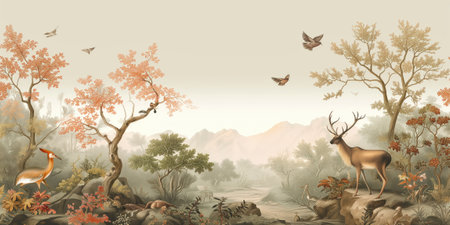 Fantasy landscape with forest and wild animals. Digital art painting.の素材