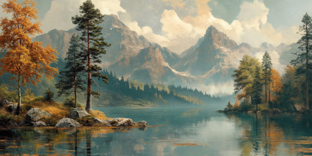 Autumn landscape with lake and mountains in fog. Digital painting.の素材