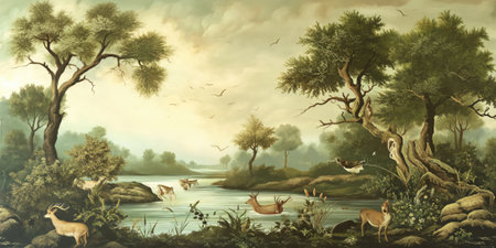 Digital painting of a river landscape with a flock of wild animals.の素材