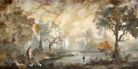 Vintage landscape with wild deer in the forest. Digital painting.の素材