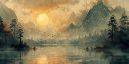 Foggy sunrise over the lake in the mountains. Digital paintingの素材