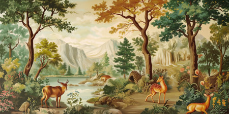 Fantasy landscape with trees, lake, deer and mountains - illustration for childrenの素材