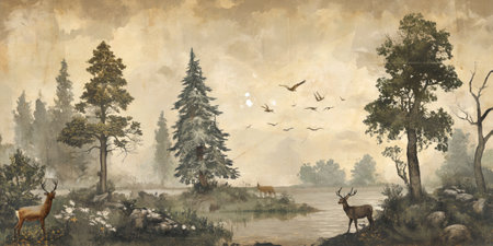 Digital painting of a landscape with a river, a forest and a deerの素材