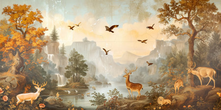 Digital painting of a forest landscape with a deer and a flock of birdsの素材